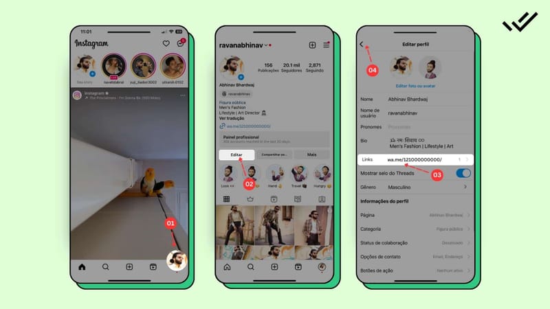 Etapas para adicionar link do WhatsApp à biografia do Instagram