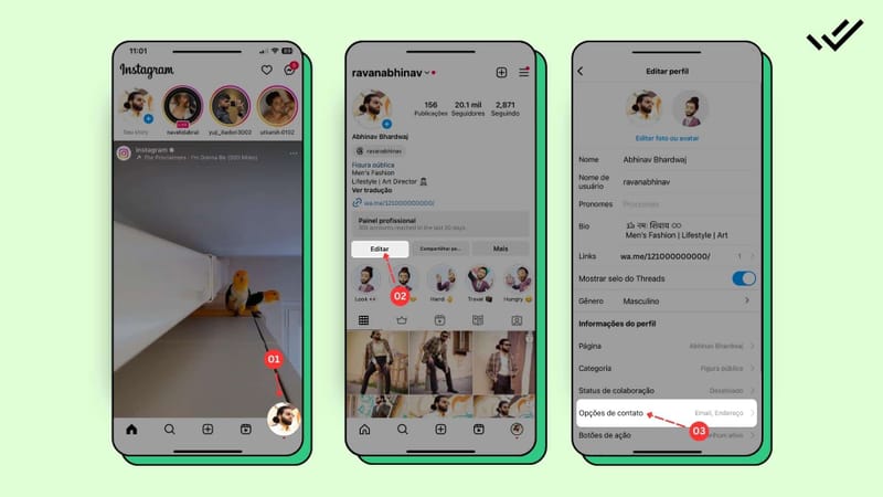 Etapas para adicionar o botão WhatsApp no perfil do Instagram