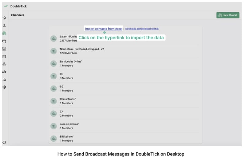 Step 3: You'll now have a list of contacts to be added to the created channel. You can now either select the contacts you want to be added or add the customer contact details in the excel sheet and import it to the DoubleTick